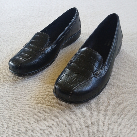 clarks ♡ croc bayou leather loafers black 9.5 work casual - Picture 2 of 7